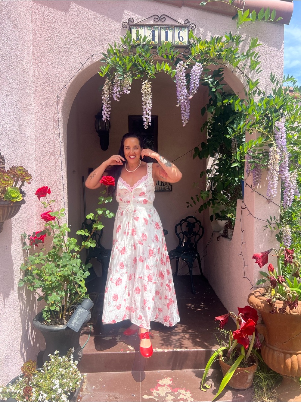 Free People White Maxi Dress with Pink Floral Print